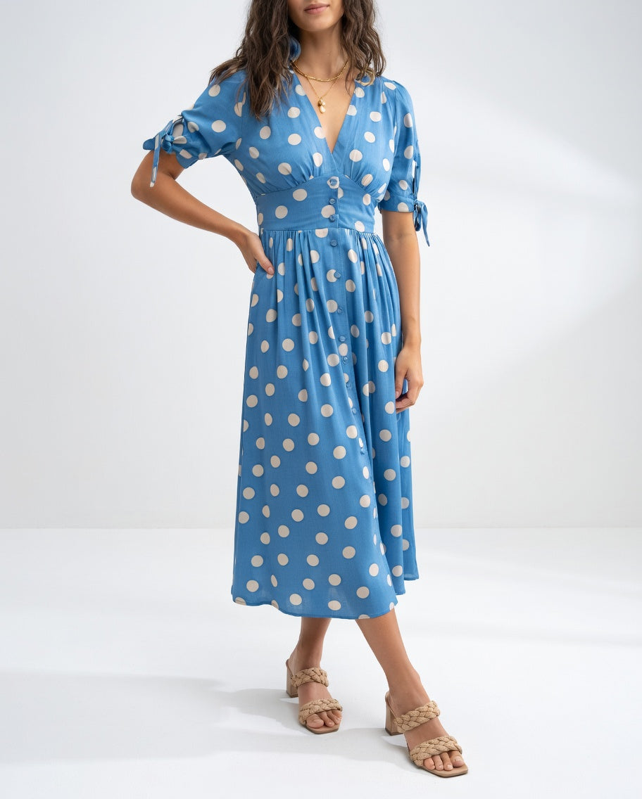 Abito Midi con Scollo a V e Pois