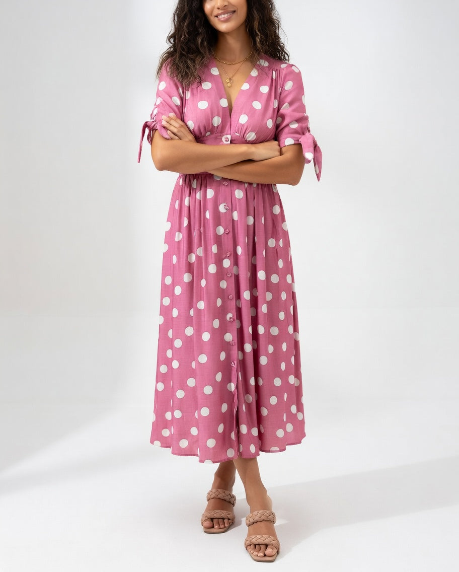 Abito Midi con Scollo a V e Pois