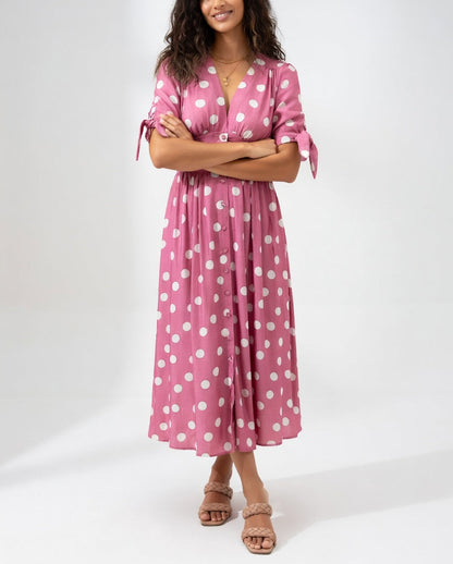 Abito Midi con Scollo a V e Pois