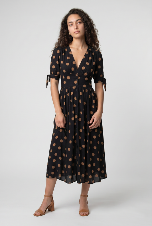 Abito Midi con Scollo a V e Pois