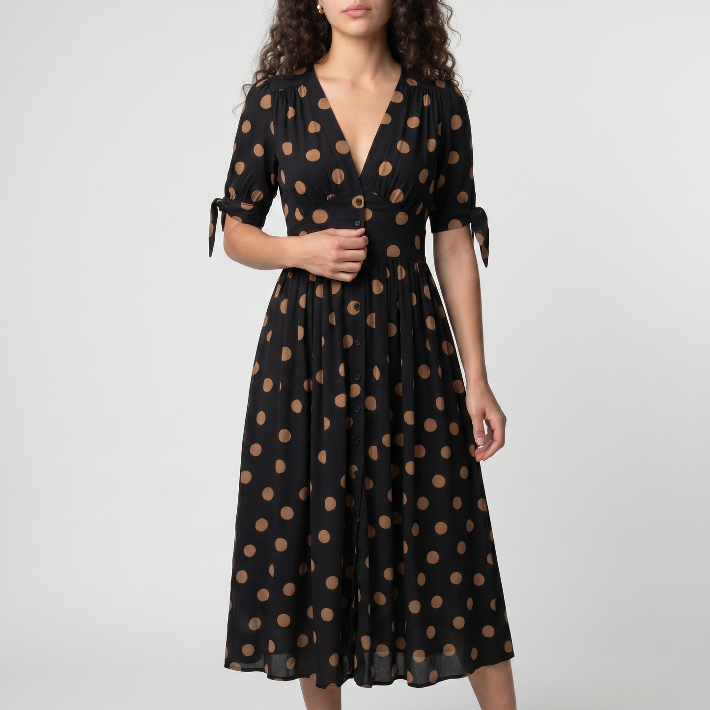 Abito Midi con Scollo a V e Pois