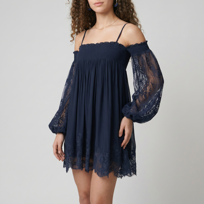 Abito Mini Spalle Scoperte con Pizzo e Maniche Trasparenti