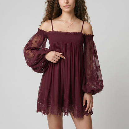 Abito Mini Spalle Scoperte con Pizzo e Maniche Trasparenti
