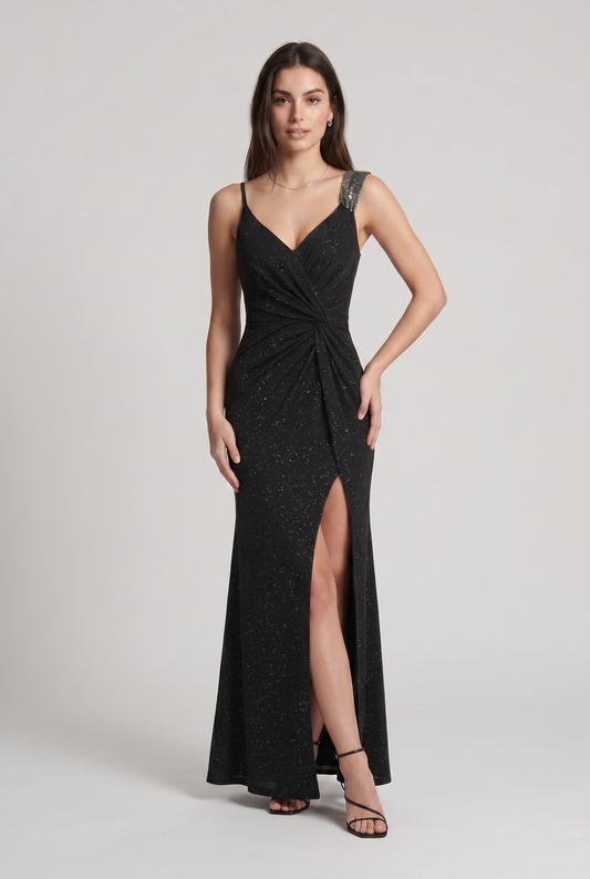 Abito Lungo con Paillettes e Spacco